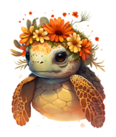 Sea turtle with flower watercolor, png