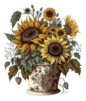 Sunflower bouquet in a vase, png