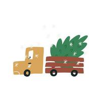 Christmas tree delivery in truck or pickup, hand drawn flat vector illustration isolated on white background. Car with fir tree and snowfall.