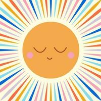 Icon, sticker, button, backdrop in hippie style with orange sun with cute face on background with colored rays. Retro style. vector