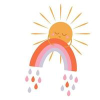 Icon, sticker, button, backdrop in hippie style with orange sun with cute face holding rainbow. Retro style. vector