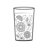 Icon, sticker, illustration. Graphic black Glass with Lime and mint cocktail with bubbles.  Summer, cocktail, fruit. vector