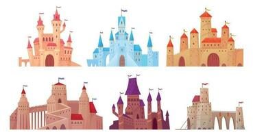 medieval castillo torres cuento de hadas mansión exterior, Rey fortaleza castillos y fortificado palacio con portón dibujos animados vector conjunto