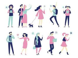 Character with smartphone. Smartphones in people hands, man talk on mobile phone or woman taking selfie. Flat characters vector set
