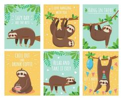 Greeting card with lazy sloth. Cartoon cute sloths cards with motivation and congratulation text. Slumber animals illustration set vector