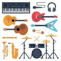 música instrumentos orquesta tambor, piano sintetizador y acústico guitarras jazz banda musical instrumento plano vector conjunto