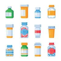 Flat medicine bottles. Vitamin bottle with prescription label, drug pills container or vitamins and minerals pill isolated vector set