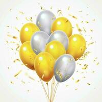 volador globos grupo. dorado brillante que cae papel picado, lustroso amarillo y blanco helio globo con oro cinta 3d vector ilustración