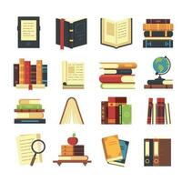 Flat book icons. Library books, open dictionary and encyclopedia on stand. Pile of magazines, ebook and novel booklet vector set