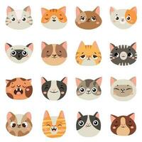 Cute cats faces. Happy animals, funny kitten smiling mouth and crying sad cat. Animal character face cartoon vector illustration set