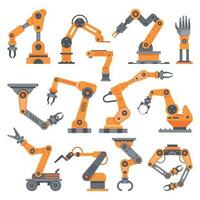 Flat manufacture robotic arm. Automatic robot arms, auto factory conveyor industrial equipment. Electronics robots hands vector set