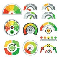 Satisfaction rating meter. Quality speedometer, goods grade indicator and mood graph ratings. Color tachometer indicators vector set