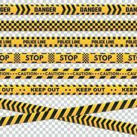 Caution perimeter stripes. Isolated black and yellow police line do not cross for criminal scene. Security lines sign or barricade tape vector set
