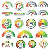 Credit score speedometer. Goods rating indication, good gauge indicator and graph speedometers level indicators isolated vector set