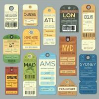 Luggage carousel baggage vintage tag symbols. Old train ticket and airline journey stamp symbol. London tour trip ticket vector set