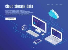 nube almacenamiento aterrizaje página. sincronización nubes almacenamientos y dispositivos, datos apoyo y sincronizar aplicaciones vector ilustración