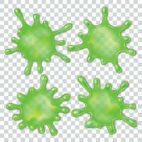 Green slime spot. 3d Splatter snail slug, mucus splash spots with dripping drops vector illustration set