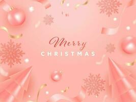 3D Xmas Trees With Baubles, Snowflakes And Confetti Ribbons Decorated On Glossy Pink Background For Merry Christmas. vector