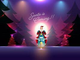 Abstract Lights Focus Background With Decorative Xmas Trees, Santa Claus Riding Scooter And Given Message Santa Is Coming. vector