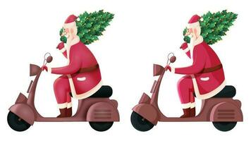 alegre Papa Noel claus montando scooter con árbol en dos imágenes vector