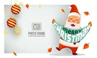 Cheerful Santa Claus Holding A Message Ribbon Of Merry Christmas With Hanging Baubles And Given Space For Image On Png Background. vector