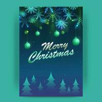 Merry Christmas Font With Hanging Baubles, Snowflakes And Xmas Trees Decorated Blue Background. vector