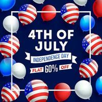 Advertising poster or template design decorated with American Flag color balloons for 4th of July Independence sale and discount offer. vector