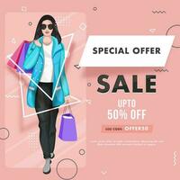 Special Offer Sale Poster Design with Discount Offer and Young Girl holding Shopping Bags on Pink Abstract Geometric Background. vector