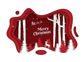 Red and White Paper Layer Cut Background with Silhouette Reindeer, Trees for Merry Christmas Celebration. vector