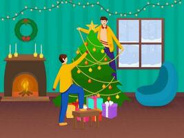 Young Boys Decorated Xmas Tree Together With Gift Boxes And Fireplace In Interior View For Merry Christmas Celebration. vector