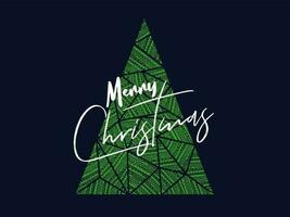 Calligraphy text Merry Christmas with creative Xmas tree made by flower triangle shape pattern on blue background. Can be used as greeting card design. vector