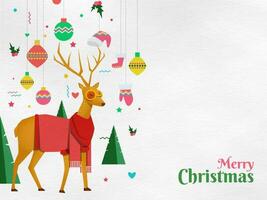 Flat style festival elements like as hanging bauble, santa clothes, xmas tree and reindeer character on white background for Merry Christmas celebration greeting card design. vector