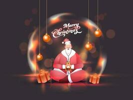 Santa Claus listen to music from headphones by smartphone with gift boxes, hanging shiny baubles on the occasion of Merry Christmas. vector