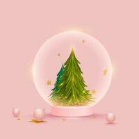 Navidad árbol dentro globo con 3d adornos en rosado antecedentes. vector