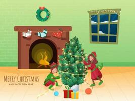 Cheerful Boy And Girl Decorated Tree From Lighting Garland And Fireplace In Interior View For Merry Christmas and Happy New Year. vector