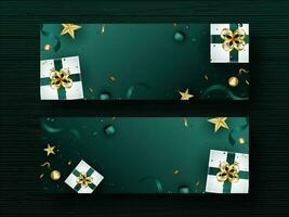 Top View Of Realistic Gift Boxes With Golden Stars, Balls or Pearls And Confetti Ribbon Decorated Teal Green Background In Two Options. vector