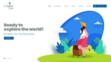 Ready To Explore The World Concept based landing page design with modern lady holding luggage bag on nature view abstract background. vector