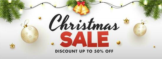 Website header or banner design decorated with jingle bell, baubles and discount offer for Christmas Sale. vector