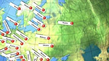 Europe country names pin on globe. video