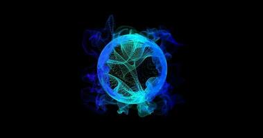 Wispy smoke in motion inside energy sphere on a dark background, a bright light source, an abstract glowing ball, smoke, fluid, plasma, mist, chemical effect. Abstract shapes. 3D 4K loop video