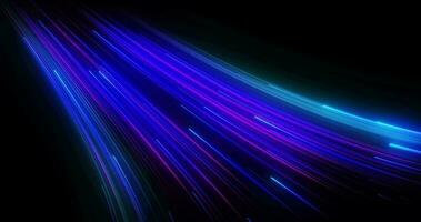 neon lijn beweging, blauw en Purper stroom, kromme abstract technologie achtergrond, licht stralen in beweging, snelheid van licht lichten, naadloos lus, 4k video