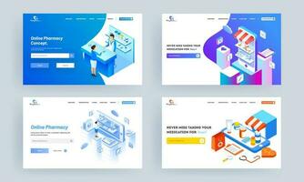 Online Pharmacy Service concept based landing page design in four option. vector