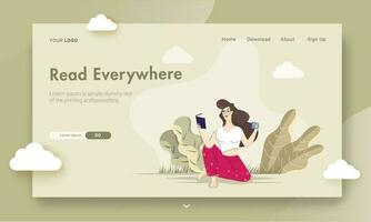 Landing page design or web banner design with young girl reading a book with drinking coffee or tea on nature view background. vector