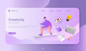 Creative Never Ends of landing page design with man character holding magnifying glass, color palette, book, light bulb, graphic tablet and using painting brush on paper. vector