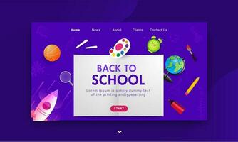 Back To School landing page design with school elements such as color palette, basketball, world globe, highlighter, alarm clock and rocket on purple background. vector