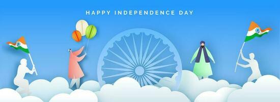 Website header or banner design with character of men holding Flag and Tricolor balloon on clouds. Paper cut style design for Happy Independence Day Celebration. vector