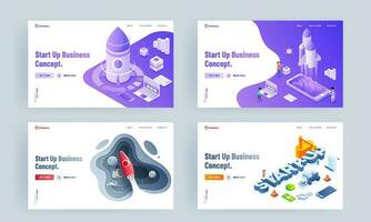 Set of landing page design with different platform and successful launching a project of rocket for Start Up Business concept. vector