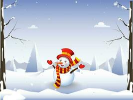 Snowman wearing woolen clothes with enjoying winter season on snowy nature landscape background. vector