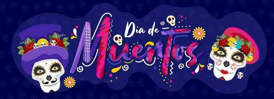 Creative text of Dia De Muertos with sugar skulls on blue skull pattern background for Day of the dead. Header or banner design. vector