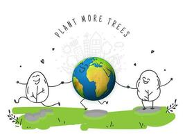 Plant More Trees based poster design with cartoon earth globe holding hand of happy tree on nature city view background. vector